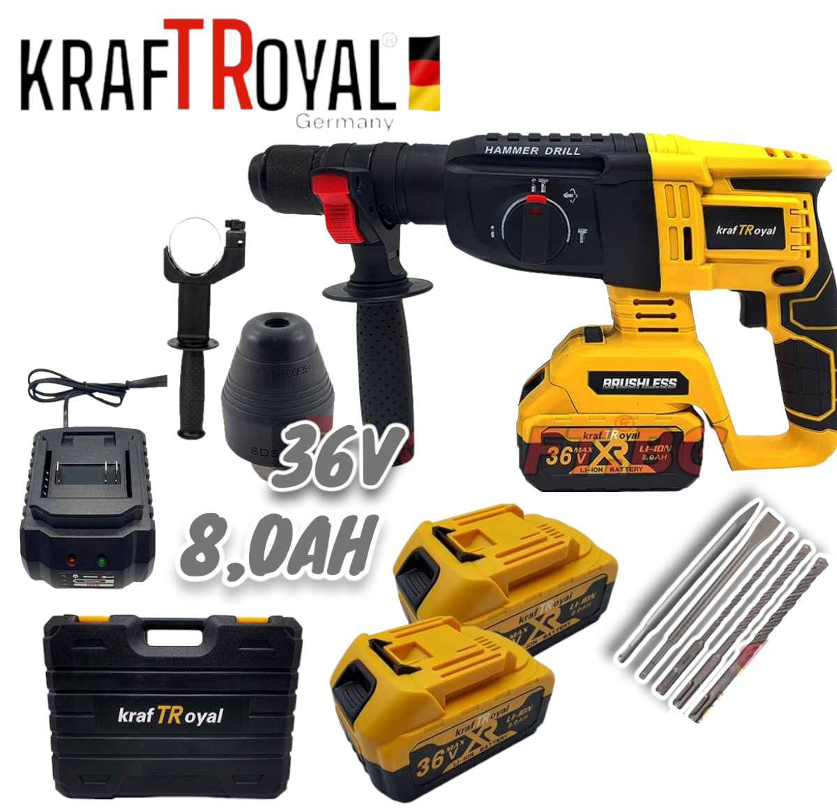 Cordless Brushless Drill 36V 8.0AH KRAFTROYAL SDS PLUS Cordless