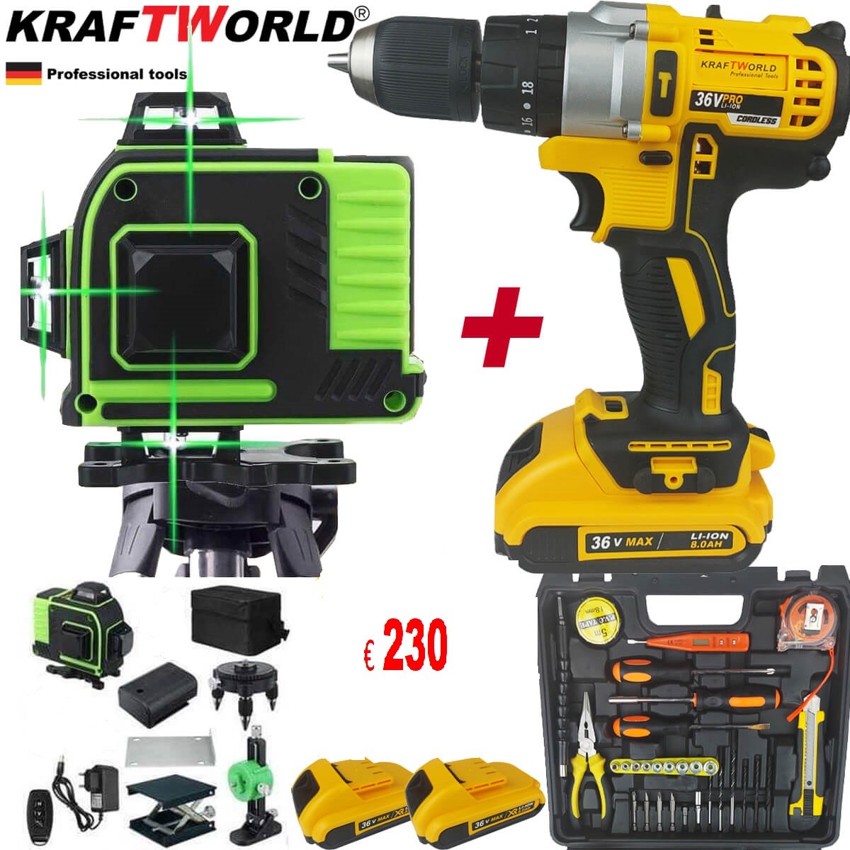 PROMO 4D Laser Level with 16 Lines +  Cordless Impact Screwdriver with 2 Batteries 36V 8A + Tools in Suitcase