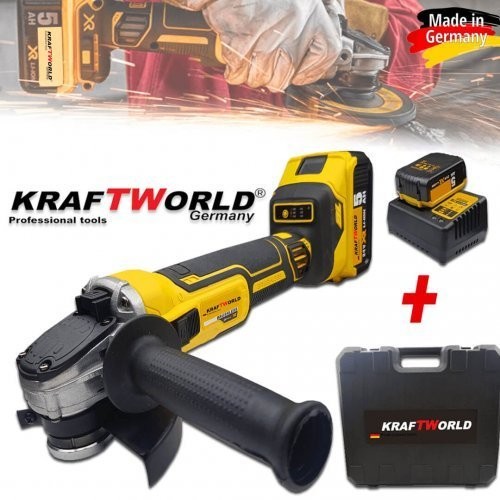 Cordless Brushless Angle Grinder KraftWorld 42 + 2 Batteries 8A and Charger/Case