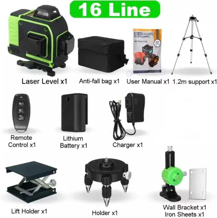 SELF-LEVELING 4D laser level with green laser. 16 lines, 4 planes (4 lasers)