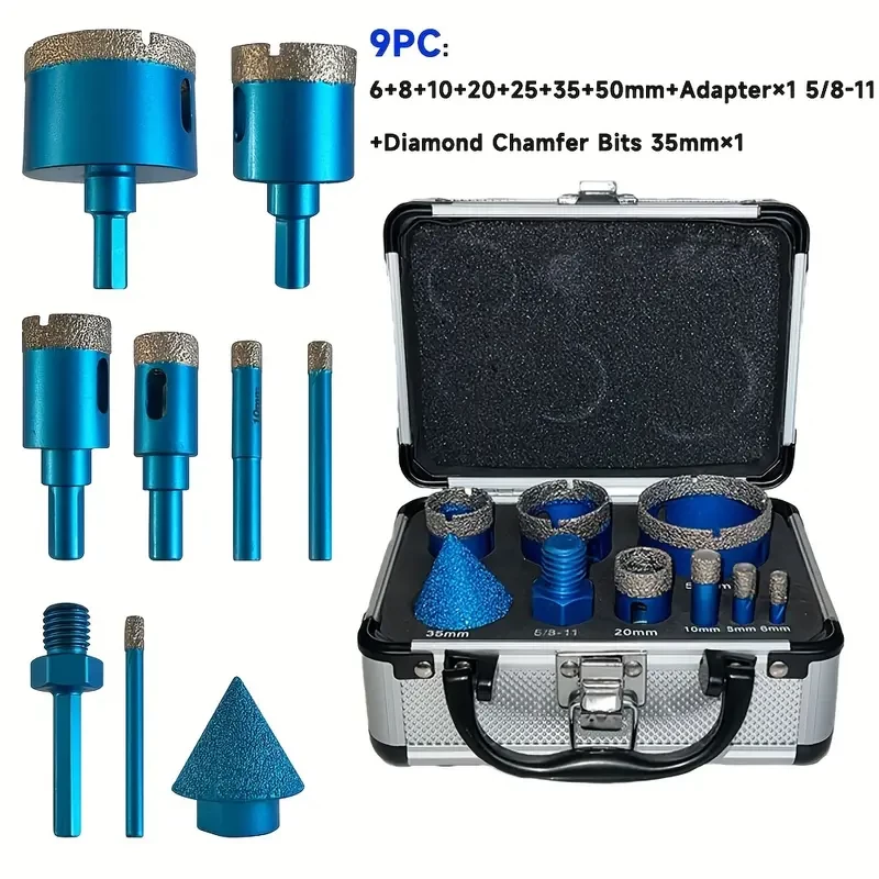 9PC Diamond Hole Saw Drill Bit Set - Metal Hollow Core Bit for Glass, Ceramic, Marble & Granite, Includes 35mm Chamfer & 5/8-11 Hex Adapter, Manual Use Without Electricity