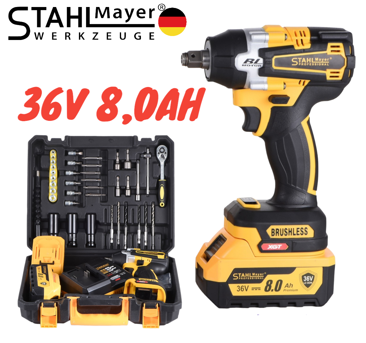 Cordless Brushless Impact Wrench on 1/2 and Impact. 2v1 StahlMayer 36v – 850nm. + 40 pieces of tools