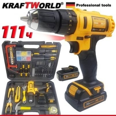 Cordless Screwdriver KRAFTWORLD 36V + 111 parts / Drill in a set of tools