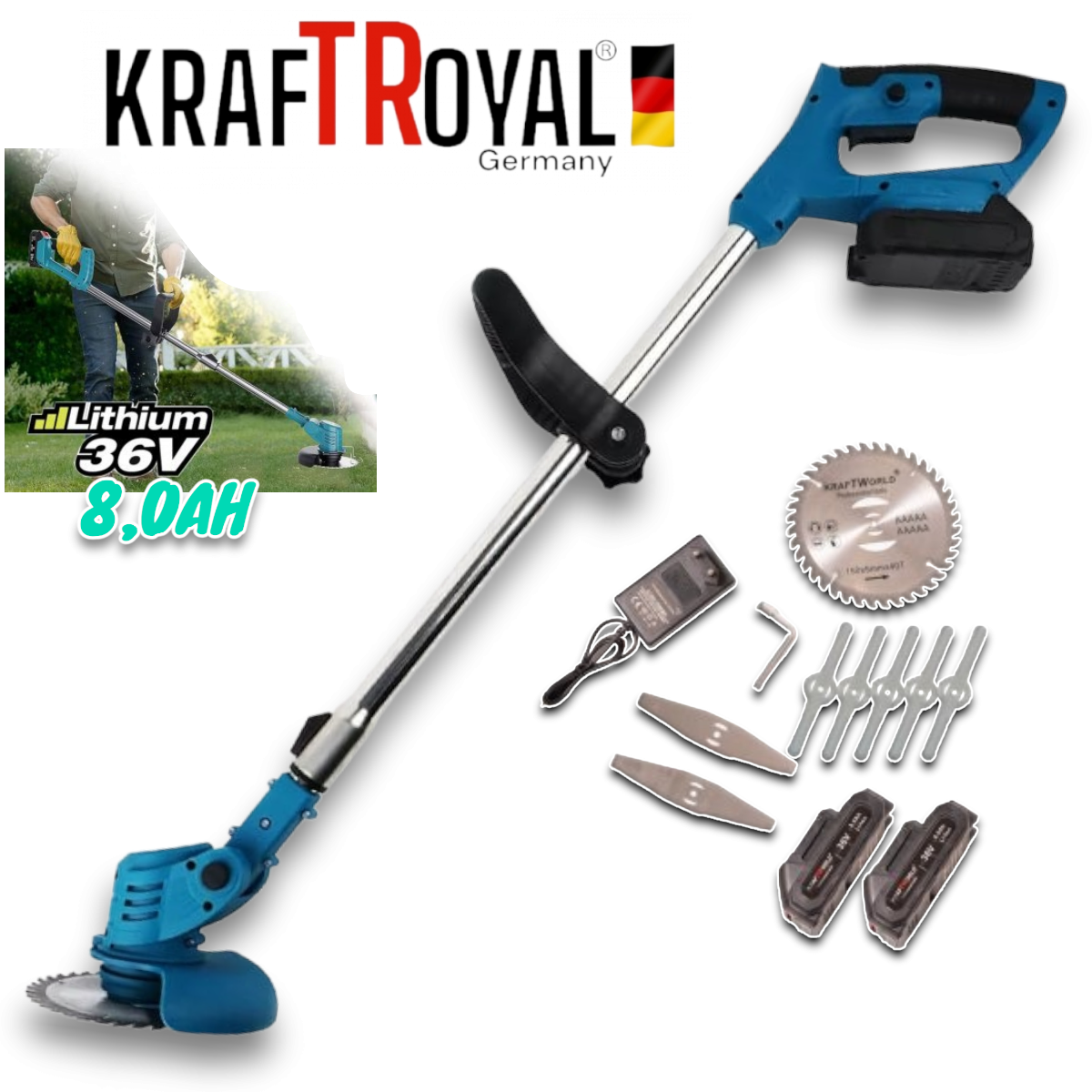 Cordless Trimmer KRAFT ROYAL 36V 8.0AH Garden Grass Trimmer Cordless Pruner