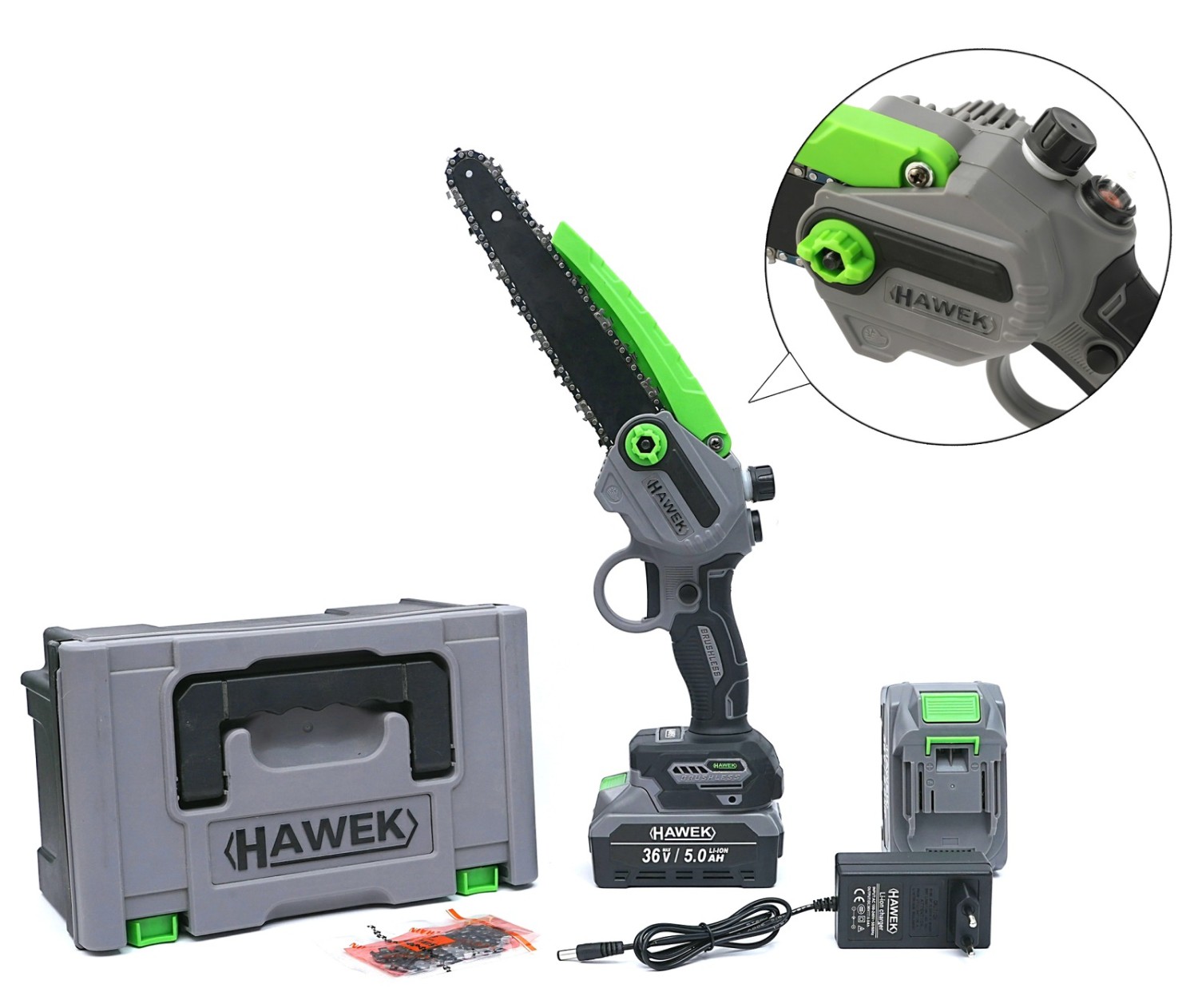 Cordless Branch Cutter 36V 5.0AH HAWEK Saw with Bucket Automatic Chain Lubrication 20cm 2 Batteries